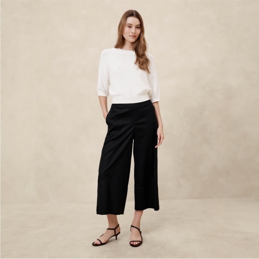 NWT! Banana Republic Black Wide-Leg Linen-Blend Cropped Pull-On Pant - #568213